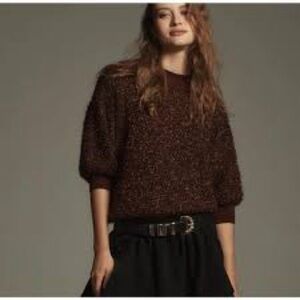 ANTHROPOLOGIE MAEVE Brown Violetta Tinsel Eyelash Sweater XL Cut-out Back NWT